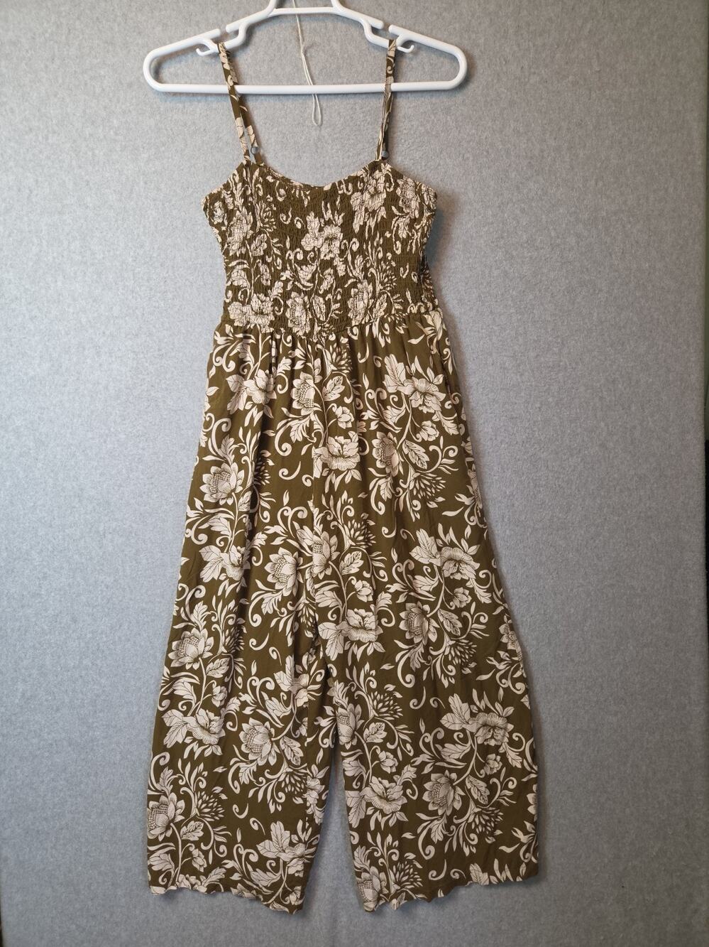 As U Wish Olive Brown Floral Sleeveless Smocked Jumpsuit Women's XL Pockets